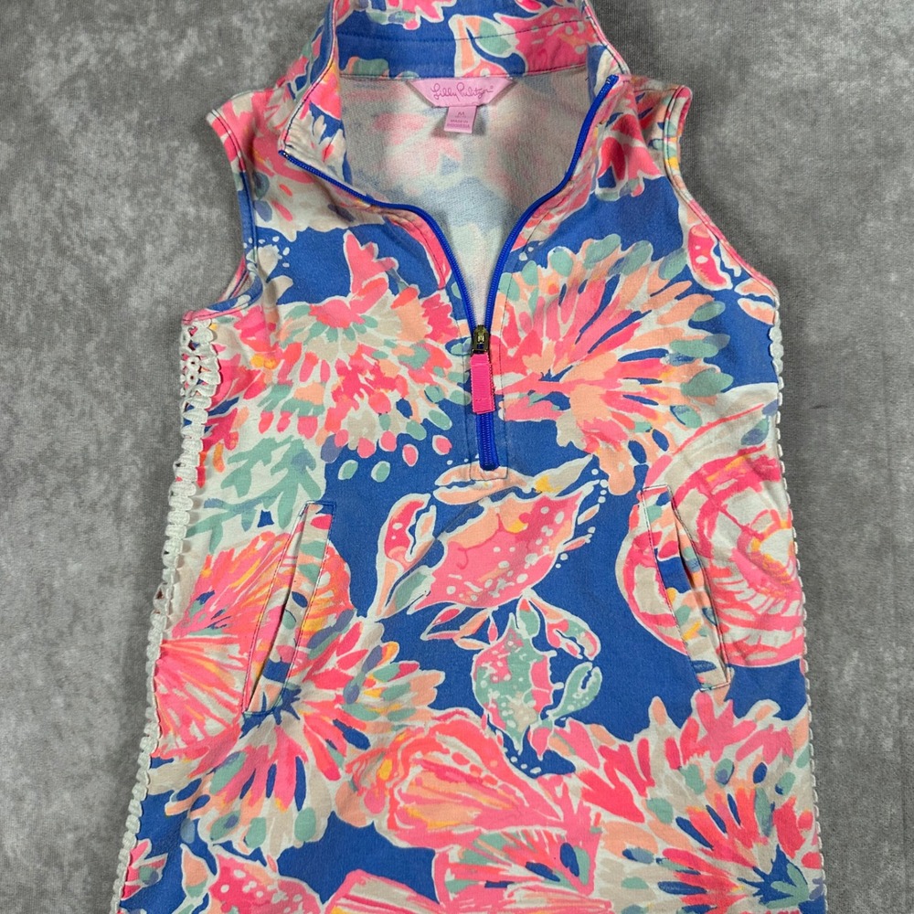 Lilly Pulitzer Girls M 6-7 Blue Pink Floral Crab Shell Quarter Zip Dress Knit - Picture 2 of 6